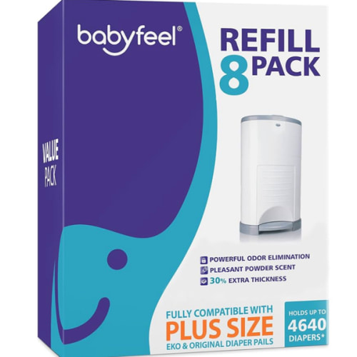 Babyfeel Refills for DEKOR PLUS Diaper Pails, 8 Pack, Exclusive 30% Extra Thickness, Fresh Powder Scent, Holds up to 4640 Diapers