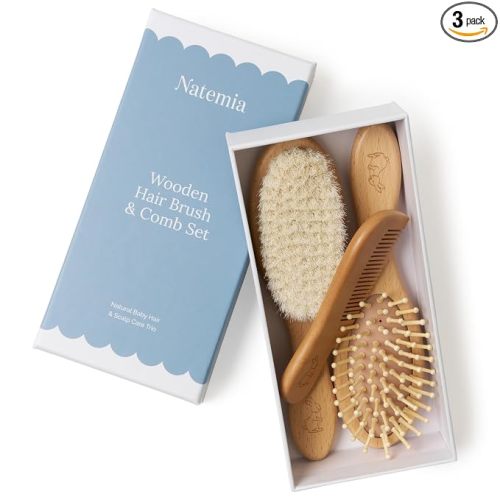 Natemia Wooden Baby Hair Brush & Comb Set - Natural Goat Hair Bristles & Soft Bristle Brush - Gentle Scalp Massage & Cradle Cap Comb - For Newborns & Toddlers, Baby Grooming Kit