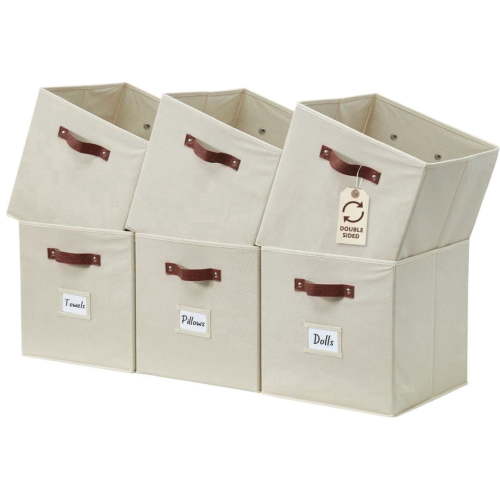 DECOMOMO Fabric Cube Storage Bins, Size Set of 6, with Handles in Beige