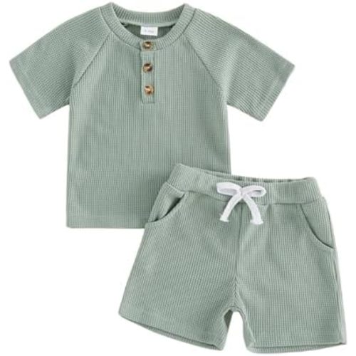 MERSARIPHY Toddler Baby Boy Clothes 6 12 18 Months 2T 3T Summer Outfit Waffle Knitted Stripe Casual T-shirt Tops Shorts Sets