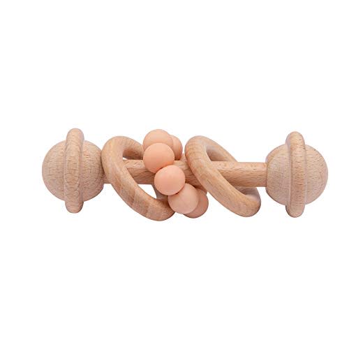 Wooden Baby Rattle Shake Toy Silicone Beads Teether Ring Grasping Teething Toys for Babies Toddlers,Peach