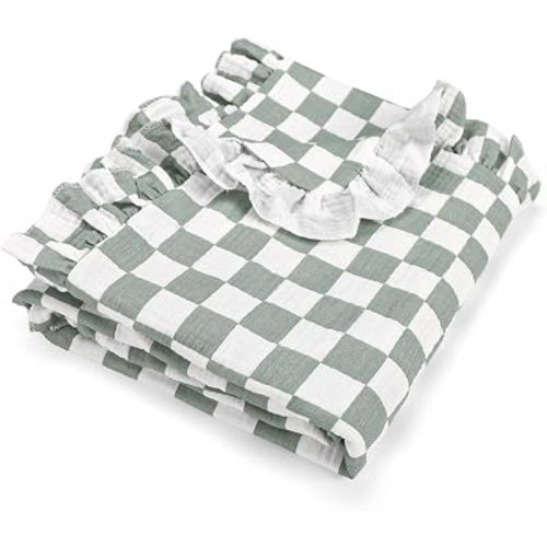 Muslin Baby Blanket, Ruffle Crib Blanket for Girls and Boys, Soft Breathable Nursery Swaddle Blanket for Newborns, Toddlers, 36 x 40 in, Green Checkered