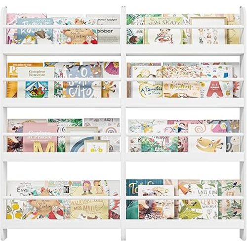 FOTOSOK 2 Pcs Kids Bookshelf, Set of 2 Wall Mount 4-Tier Book Shelf Organizer for Toys and Books, Toy Storage Bookshelf for Kids in Bedroom Living Room, White