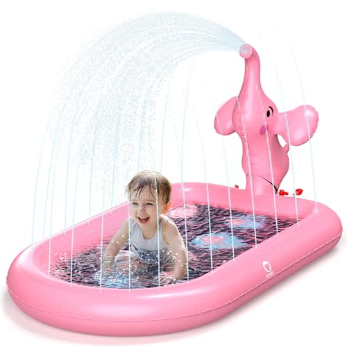 QPAU Splash Pads for Toddlers 1-3, Pink Elephant Toy Splash Pad for Kids, Outdoor Play Mat for Babies, Inflatable Sprinkler Pool for Birthday Girl Gifts 1 Year Old Girl