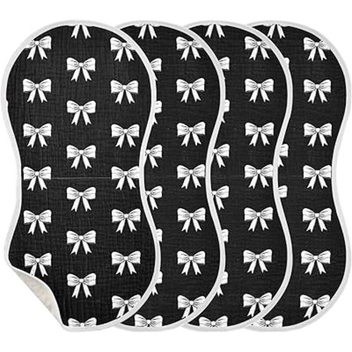 4 Pack Muslin Burp Cloths Bow Black Cotton Baby Burp Cloths Extra Absorbent and Soft Thick Burping Cloth for Baby Boys Girls 22x11 Inch