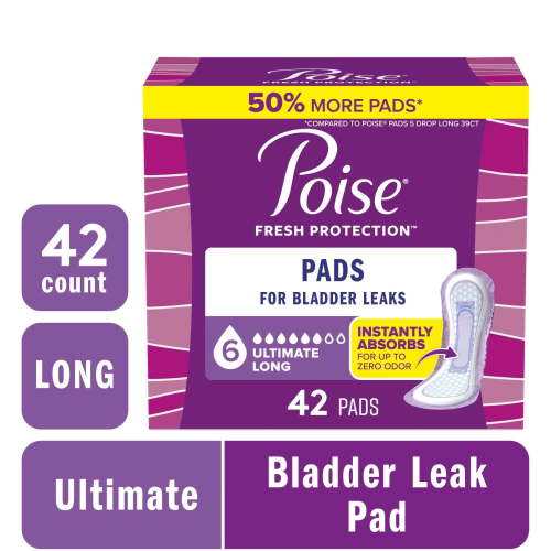 Free Shipping! Poise Incontinence Pads for Women, 6 Drop Ultimate Absorbency, Long Length, 42 Count