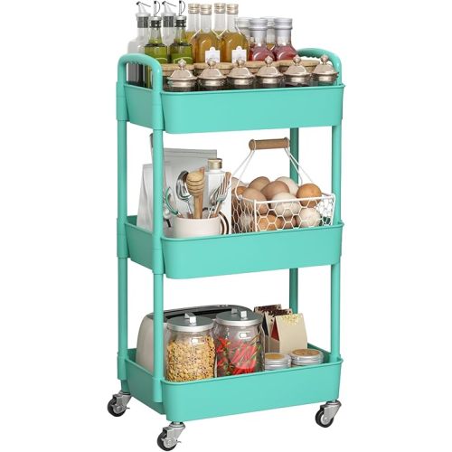 Sywhitta 3-Tier Plastic Rolling Utility Cart with Handle, Multi-Functional Storage Trolley for Office, Living Room, Kitchen, Movable Storage Organizer with Wheels, Green