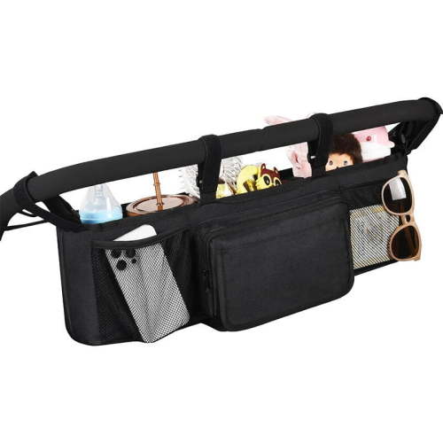 AEL Double Stroller Organizer with 2 Insulated Cup Holders, Large Side-by-Side Stroller Caddy with Adjustable Straps, Wipes Pocket and Zipper Storage, Black