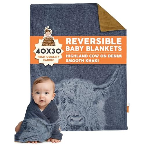 Dear Baby Gear - Reversible Baby Blankets - Soft Nursery Blanket for Newborn - Toddler Blankey - Throw Blanket for Boys & Girls - Infant Blankets - 40x30 (Highland Cow on Denim - Smooth Khaki)