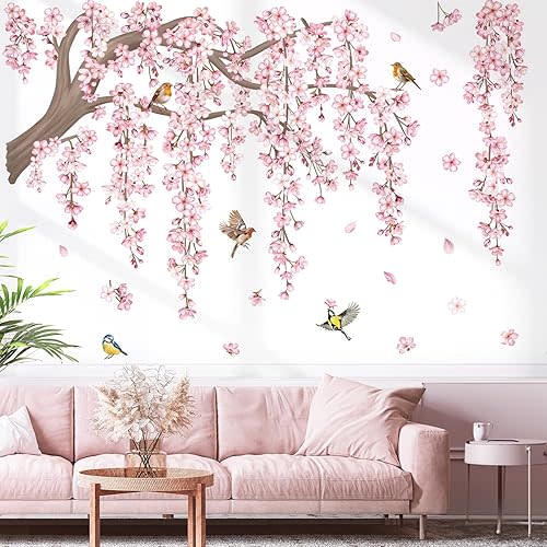 decalmile Large Pink Flower Tree Branch Wall Decals Cherry Blossom Tree Floral Birds Wall Stickers Living Room Bedroom Tv Background Wall Decor
