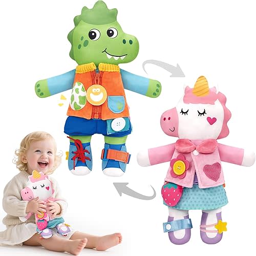 hahaland 2-in-1 Montessori Plush Busy Doll for Toddlers 1-3, Reversible Unicorn & Dinosaur Educational Learn to Dress Doll with 15+ Buckle, Snap & Dressing Skills, Toddler Gifts for 2 Years and Ups