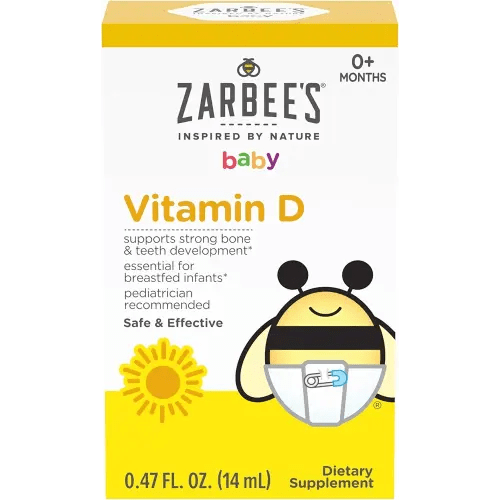 Zarbee's Vitamin D Drops for Infants, 400IU (10mcg) Baby & Toddler Liquid Supplement, Newborn & Up, Dropper Syringe Included, 0.47 Fl Oz
