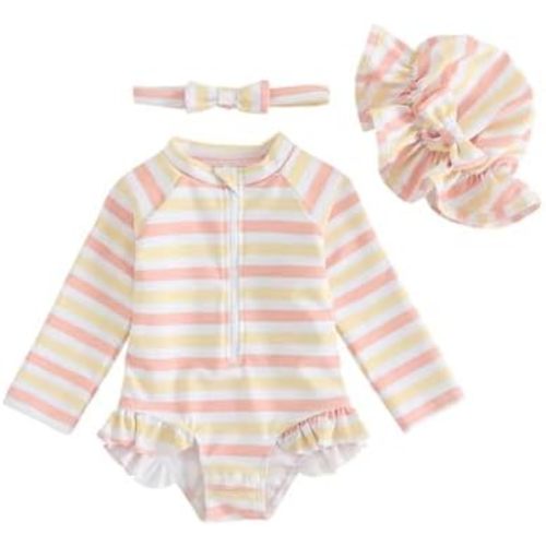 FishingDino Baby Swimsuit Girl Rash Guard Set 3M-3T, Long Sleeve UPF Infant Bathing Suit with Hat & Headband, Bottom Snaps