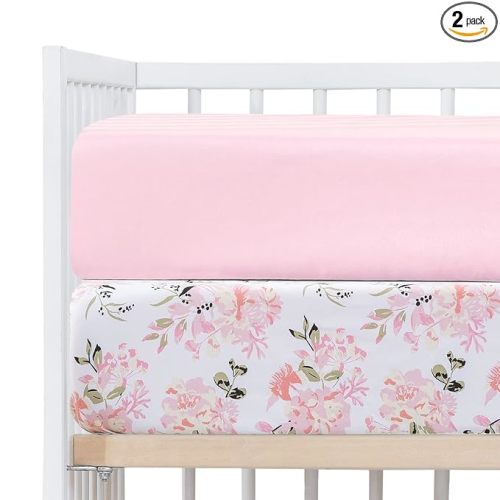 Crib Sheets Girl 2 Pack Set, 2 Pack Toddler Bed Sheets Set, Floral Print Fitted Crib Sheet for Standard Crib & Toddler Mattress, Size 28 x 52 inches, Pink N Floral