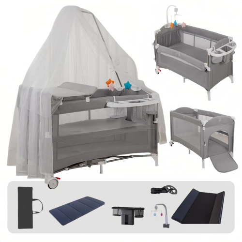 5 in 1 Baby Playards Bedside Crib,Easy Folding Portable Playards with Luxury Mosquito Net for 0-36 Months, Reversible and Music Mobile，Gray