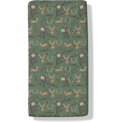 Deer Hunting Baby Crib Sheets Hunter Tree Stand Soft Breathable Baby Sheets Wild Animals Hunter Fitted Crib Mattress Cover for Standard Mattress 28x52in Green