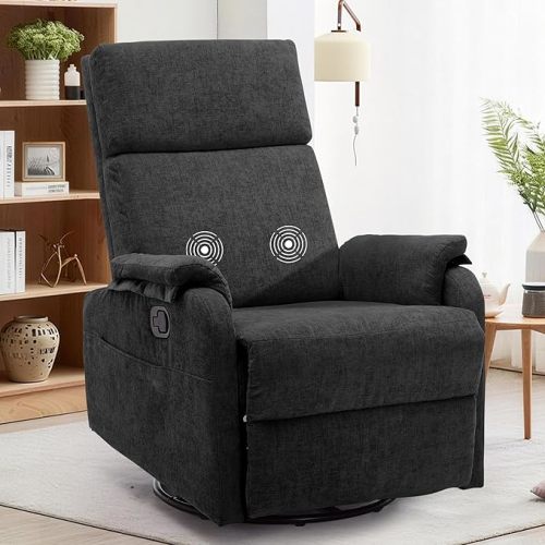 Korser Swivel Rocking Recliner with Massage, Small Glider Chair for Nursery, Modern-Designed Armrests Chair for Adults Living Room, Chenille, Black