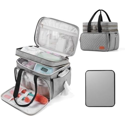 Breast Pump Bag Fits for Spectra S1 and S2, Double Deck Pumping Bag with Waterproof Mat for Pump Accessories, Pump Carrying Bag for Moms Work, Travel - Grey