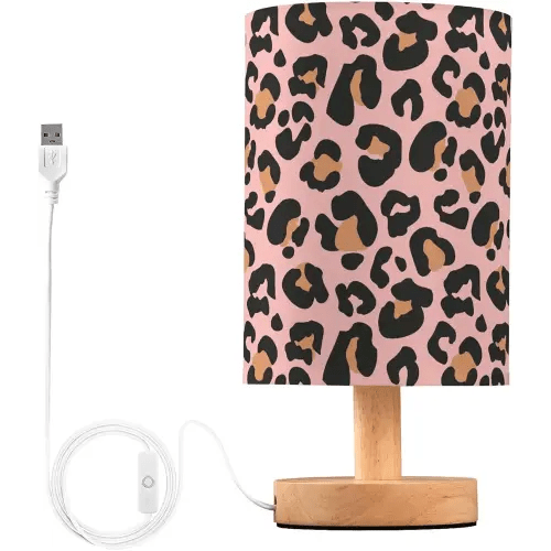 Bedside Table Lamp Pink Leopard Nightstand Lamp with Wood Animal Cheetah Print Desk Lamps for Bedroom Living Room Nursery Office Home Decor