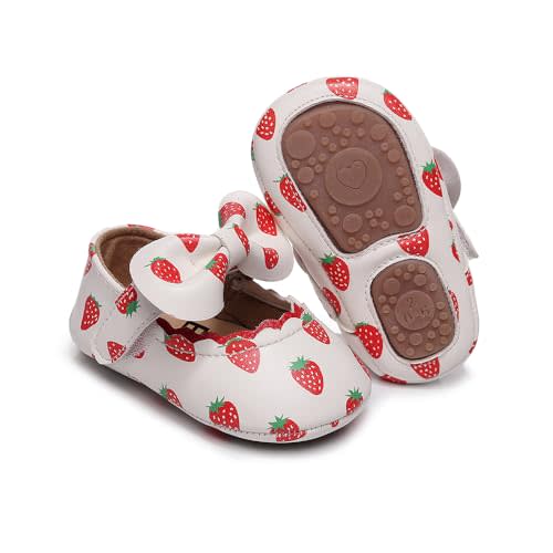 Clowora Infant Toddler Baby Girl Dress Shoes Mary Jane First Walking PU Leather Princess Wedding Rubber Sole Non-Slip with Bowknot Floral Flats