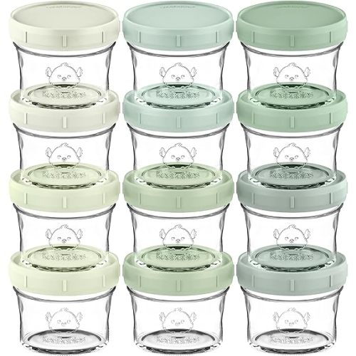 KeaBabies 12pk 4oz Glass Baby Food Containers with Lids - Leak-Proof, Microwavable Small Glass Jars, Baby Purees & Toddler Snack Storage Containers, BPA-Free, Dishwasher & Freezer Safe (Sage)
