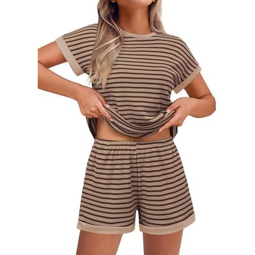 EKOUAER 2 Piece Sets for Women Summer Outfits Cute Stripe Knit T Shirts Shorts Matching Lounge Set