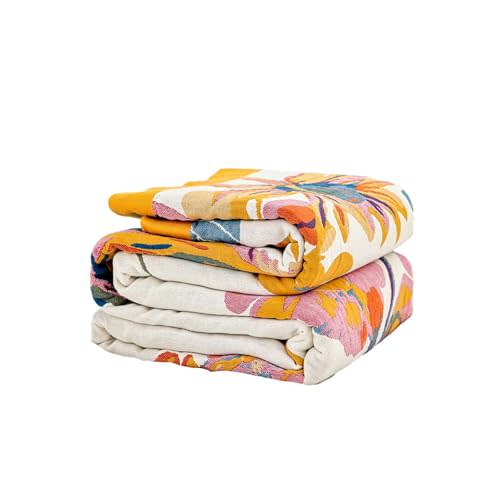 Boho Throw Blanket, 100% Cotton Ultra Soft Luxury Throw Rustic Quilt, 50"x60" Floral Bird Butterfly Farmhouse Decor Bed Blankets, All Season Rustic Reversible Bohemian Throw for Bed - Yellow