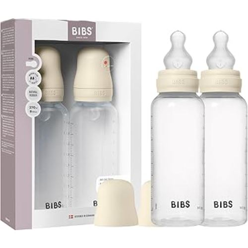 BIBS Baby Bottle 9 oz / 270 ml Silicone Nipple 2 Pack - Anti-Colic, BPA-Free, Round Nipple, Medium Flow, Lightweight & Easy to Clean, Suitable for Newborns 0+ Years - Ivory