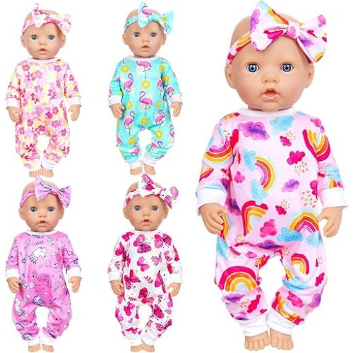 Ecore Fun 5 Sets 14-18 Inch Baby Doll Clothes & Headbands Set | ﻿5 Jumpsuits (Flamingo/Rainbow/Floral), 5 Headbands, Soft Fabric, Fits 14-18" Baby Dolls, Dress-Up, Age 3+, Doll Not Included