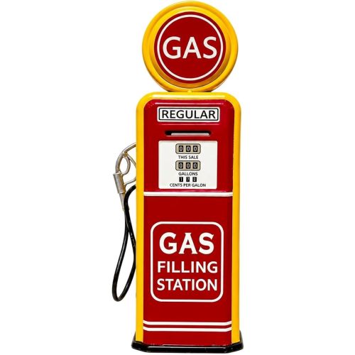 Vintage Gas Pump Piggy Bank - 13 Inch Retro Gas Station Coin Bank for Car Enthusiasts, Metal Money Box for Man Cave, Office & Home Decor, Americana Collectible Gift