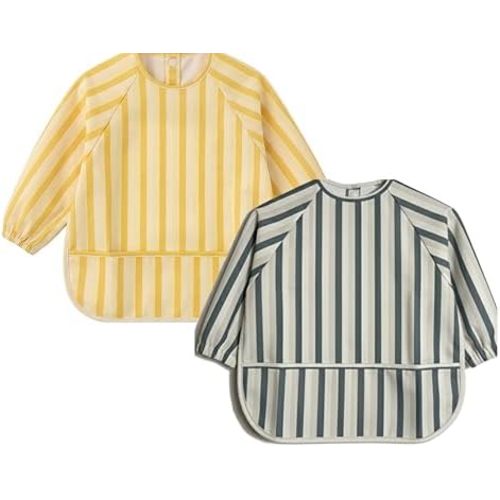 Long Sleeve Smock Bib for Babies – Waterproof Long Sleeve Baby Feeding Bib, Soft & Washable, 2 Pack (6-24 Months)