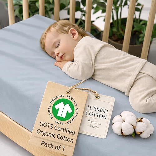 Bunnyjik GOTS Organic Cotton Crib Sheets, Aegean Heritage Turkish Cotton 200GSM, Quality at First Touch,1 Pack Toddler Bed Fitted Mattress Sheets for Boys, Girls Cute Breathable Soft (Ocean Blue)