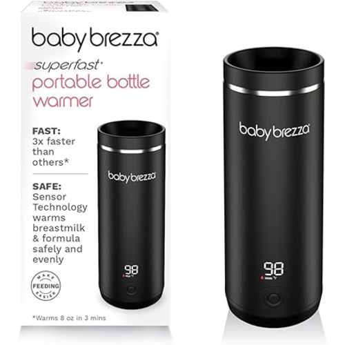 Baby Brezza Portable Warmer – 3X Faster Baby Bottle Warming - Travel Breastmilk and Formula Warmer - Safe, Even Heating - Up to 9oz - No Adapters, Black