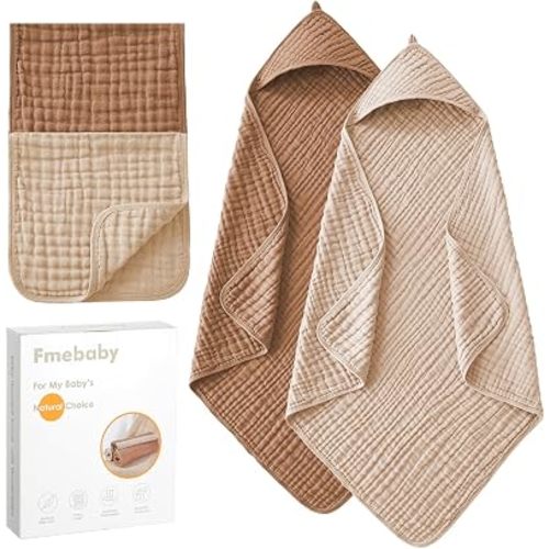 2 Pack Muslin Hooded Baby Bath Towels and 2 Pack WashCloth Set, 32x32 Inch Soft Cotton Bath Towel Baby Wipes Absorbent Bath Face Towels Burp Cloths Face Towels for Girl Boy(Coffee and Apricot)