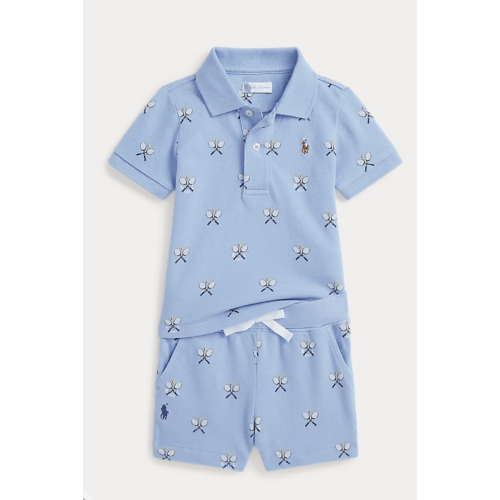 Tennis-Print Mesh Polo Shirt & Short Set