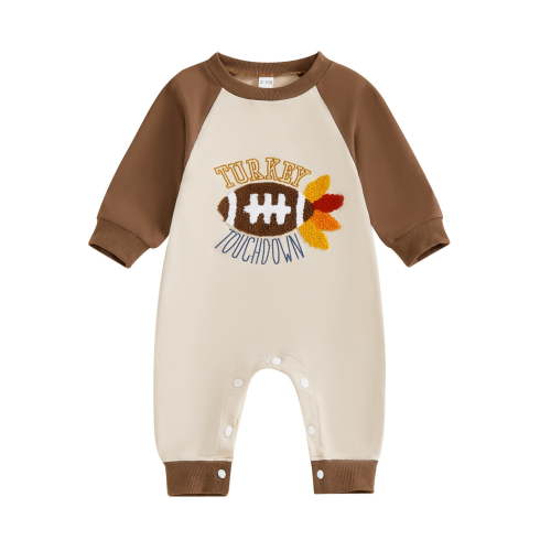 VNKIDY Baby Boys Girls Thanksgiving Themed Jumpsuit Long Sleeve Crewneck Football Appliques Snap Crotch For Daily Wear Beige 0-3 Months