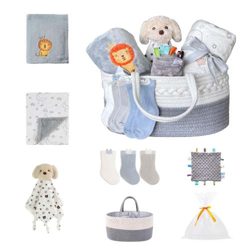 CREVENT Gift Set for Newborns -Diaper Caddy Organizer Basket with 2 Blankets, 1 Taggie, 1 Lovey, 3 Socks，1 Gift Bag with Ribbon - Welcome Essential Baby Shower (Neutral）