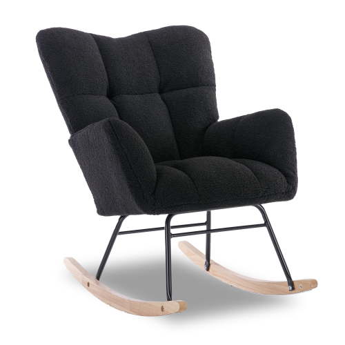 JXXRZ Nursery Rocking Chair, Oversized Teddy Plush Rocker with Modern Upholstered High Back and Solid Wood Legs, Black