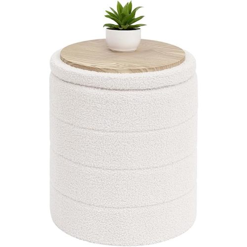 B FSOBEIIALEO Ottoman with Stroage, Round Sherpa Storage Ottoman Stool, Boucle Foot Rest 14.6"x14.6"x17.7"(White