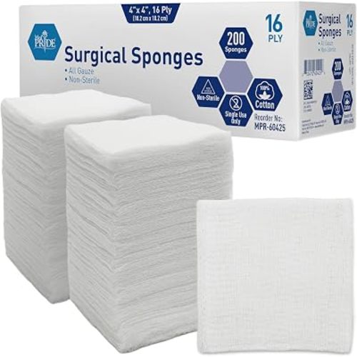 MED PRIDE Cotton Non-Stick Surgical Sponges,4x4 in,16-Ply, 200-Count Pack