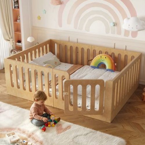 Full Size Montessori Floor Bed with High Fence & Door, Solid Wood Kids Bed Frame, Low Profile Platform Bed, Natural - ModernLuxe