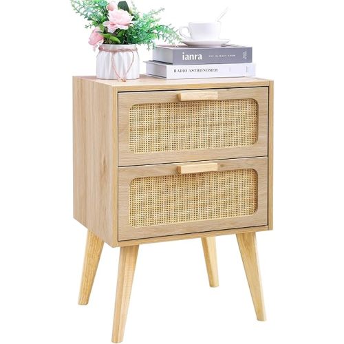 Rattan Nightstand,Boho Bedside with Storage,End Table,Side Table with 2 Hand Made Rattan Decorated Drawers for Small Space,Livingroom,Bedroom,Natural 11.8" D x 16" W x 22.4" H CTG59Y