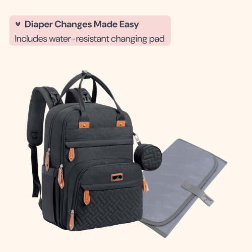 BabbleRoo Original Diaper Bag Backpack – Large 26L Baby Bag with Changing Pad, Insulated Bottle Pockets & Stroller Straps, Waterproof Travel Bag for Moms & Dads,Jet Black