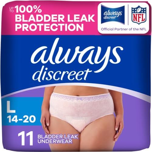 Always Discreet Reimagined Adult Diapers for Women, Maximum Absorbency Incontinence and Postpartum Underwear Size L, Up to 100% Leak Free Bladder Leak Protection, 11 Count​
