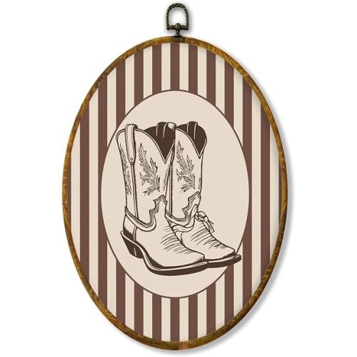 shiviody Western Cowboy Boots Nursery Canvas Wall Art Decor, Vintage Striped Nursery Decor, Rustic Oval Hanging Frame Prints Decorations for Home Kids Toddler Room Bedroom Playroom 8.6"x11.4"