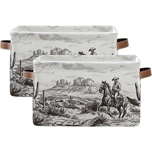 2PCS Wwestern Cowboy Large Collapsible Storage Bins,Canvas Fabric Foldable Storage Bins with Handles Open Home Storage Bins Boxes Toy Storage Basket