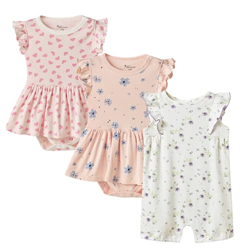 Minicoco 3-pack 100% Cotton Baby Girl Rompers, 0-24 months Ruffle Sleeve Toddler Romper Summer Clothes Set