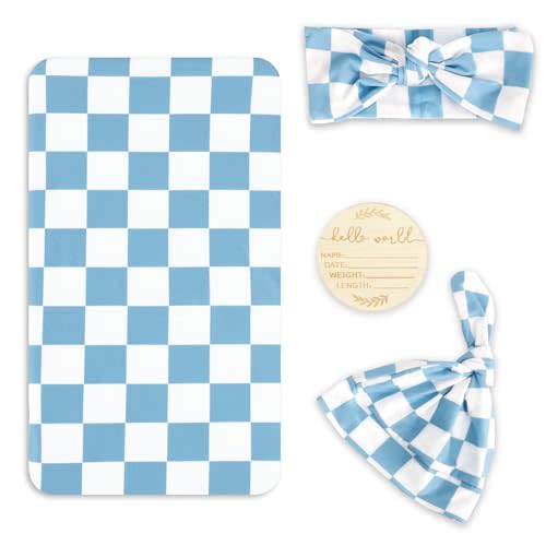TANOFAR 4-Pack Newborn Swaddle Blanket for Baby Girls & Boys, Ultra Soft Receiving Blankets with Matching Headband and Beanie Set Baby Nursery Swaddle Wrap (Blue Checkerboard)