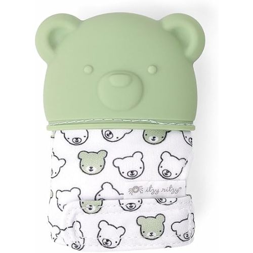 Itzy Ritzy Silicone Teething Mitt - Soothing Infant Teething Mitten with Adjustable Strap, Crinkle Sound & Textured Silicone to Soothe Sore & Swollen Gums - for Ages 3 Months & Up (Bear)