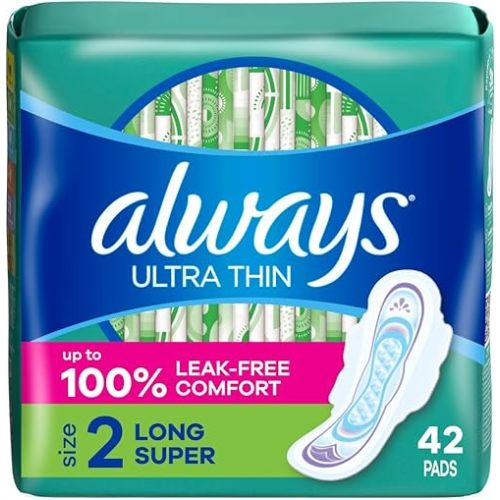 Always Ultra Thin Pads with Wings, Size 2, Long Super, 42 Count
